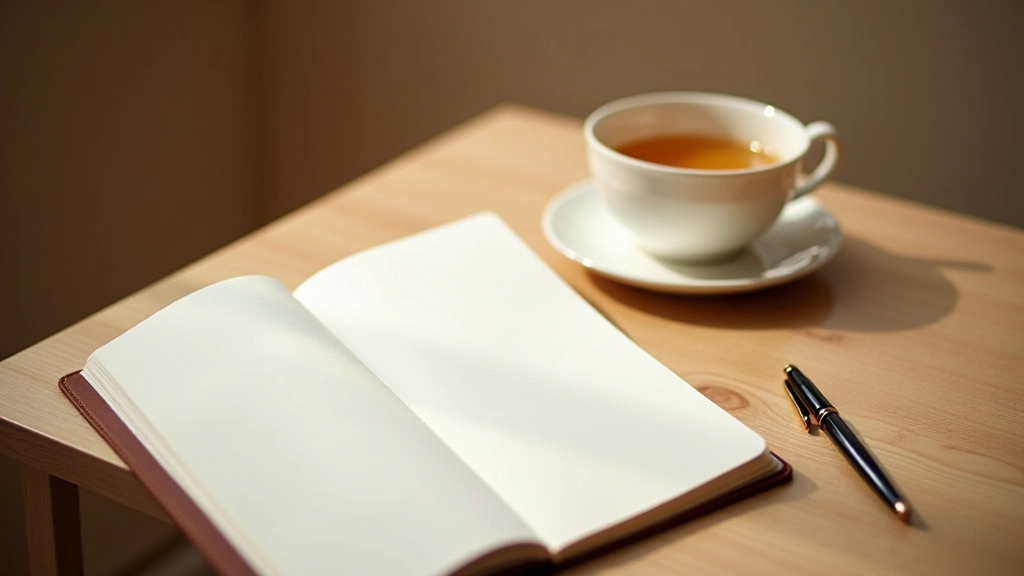 Cahier et stylo sur bureau avec tasse de thé, moment de réflexion calme, environnement paisible et ordonné, lumière chaude