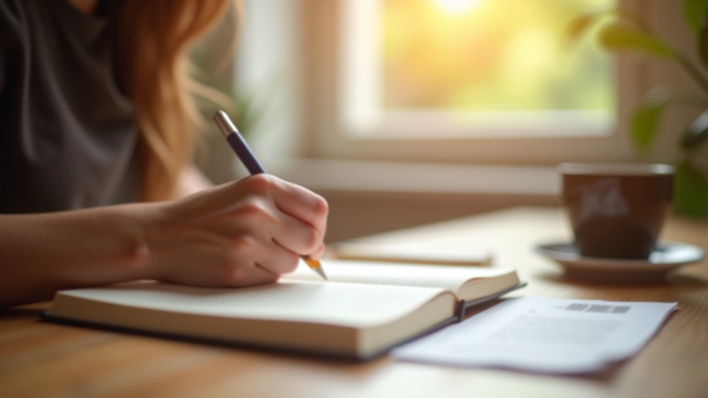 Mains tenant un stylo au-dessus d'un journal ouvert, bureau en bois clair, café chaud à côté, lumière du matin chaude, détail net