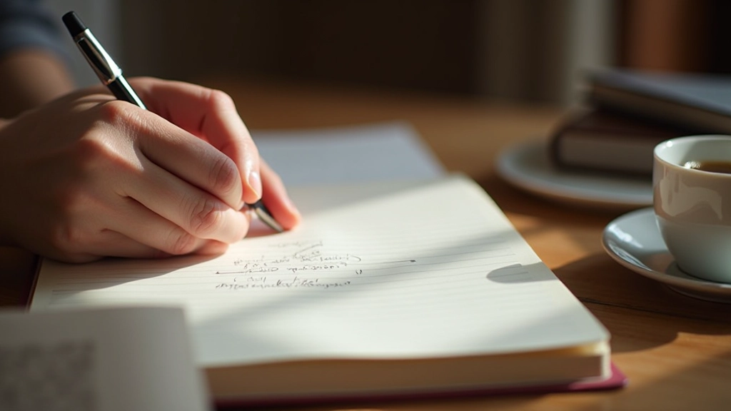 Mains écrivant dans un journal avec un stylo, lumière chaude de bureau, cahier ouvert avec texte flou, moment de réflexion personnelle