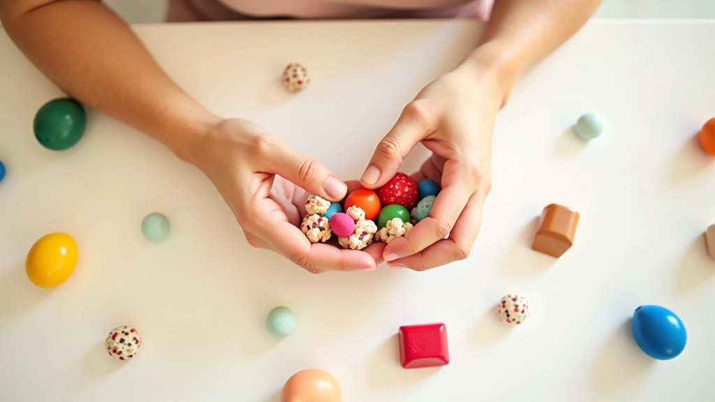 Mains organisant des objets colorés sur une table blanche, triage et rangement intentionnel, vue de dessus, lumière douce et claire
