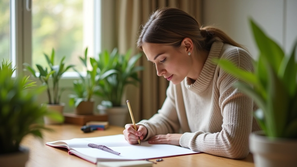Personne écrivant dans un journal avec un stylo, entourée de plantes vertes, table en bois naturel, lumière naturelle