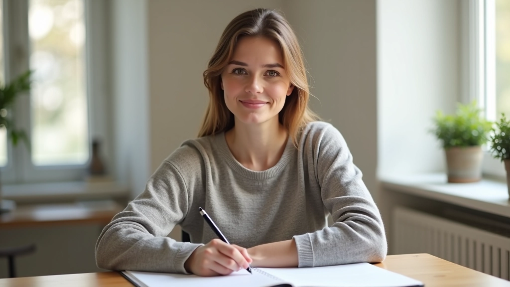 Personne assise à un bureau clair, stylo à la main, cahier ouvert, lumière naturelle, environnement épuré et calme
