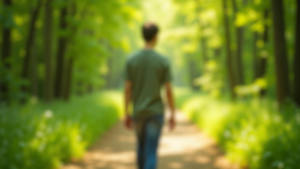 Personne marchant sur un sentier forestier ensoleillé, arbres verts, chemin dégagé, mouvement vers l'avant, nature apaisante