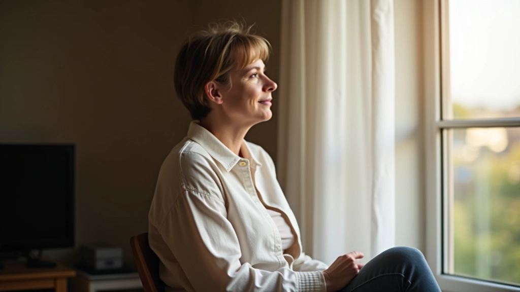 Personne seule dans un environnement calme et lumineux, regardant par une fenêtre, moment d'introspection et de paix intérieure
