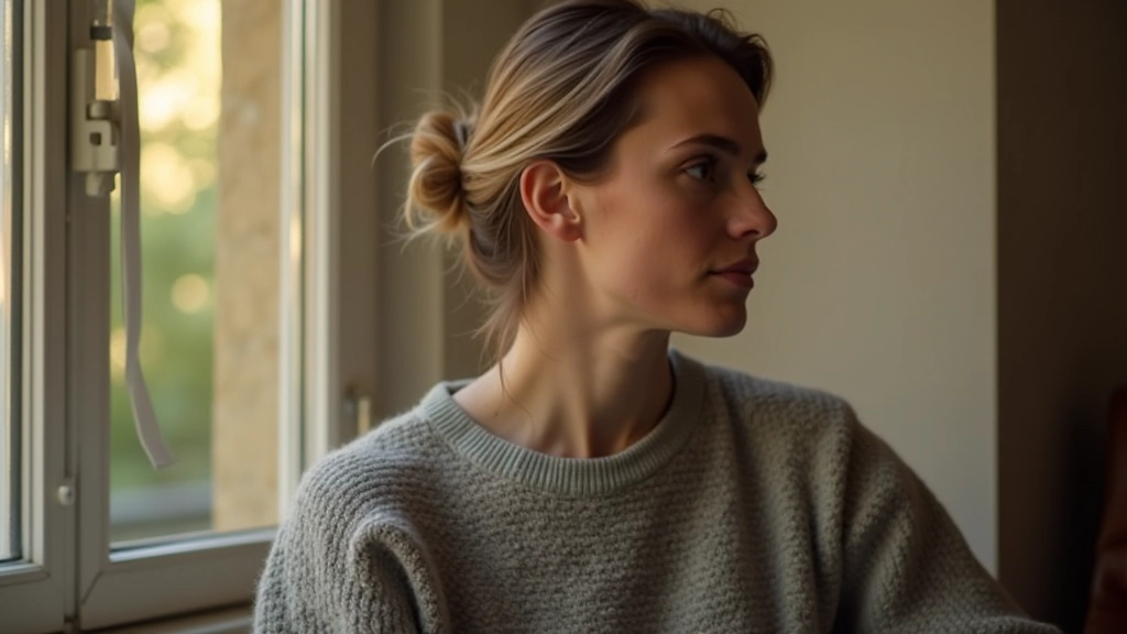 Personne réfléchissant en silence près d'une fenêtre, lumière naturelle douce, expression introspective et pensée concentrée