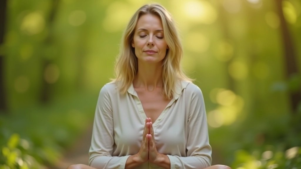 Personne en méditation dans un environnement naturel calme, posture détente, espace épuré et serein, atmosphère apaisante