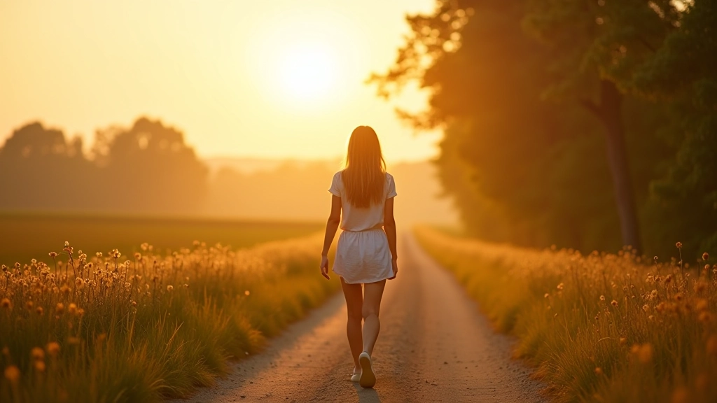 Personne marchant seule dans un paysage de nature apaisante, chemin sinueux, arbres, ciel dégagé, silhouette sereine de face