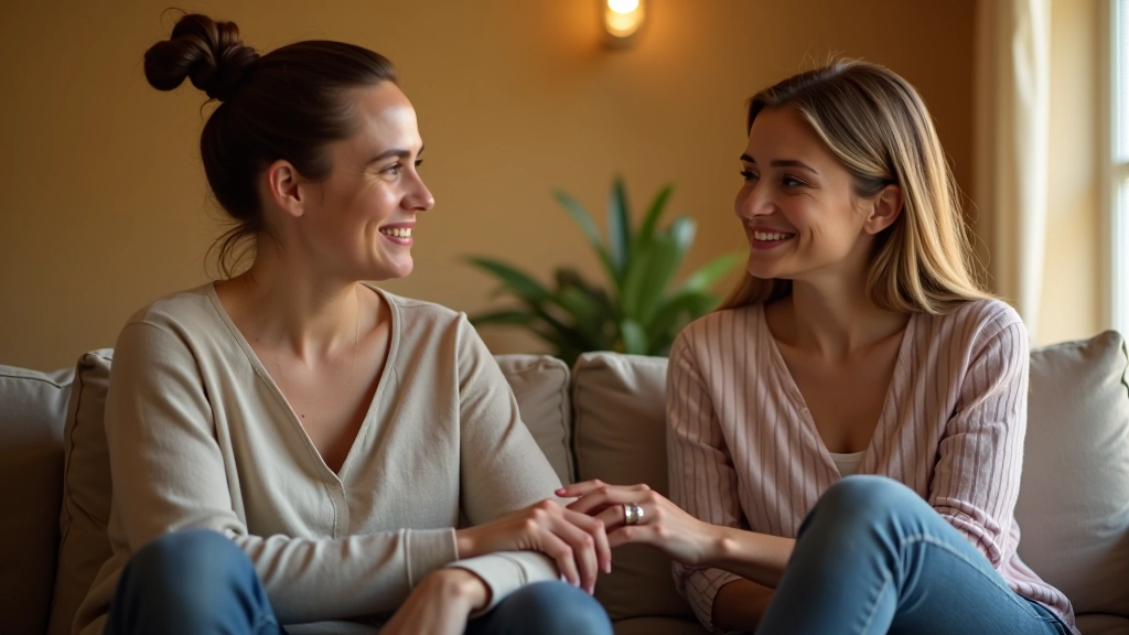 Deux personnes en conversation attentive dans un cadre calme, dialogue bienveillant, lumière douce, moment de connexion authentique