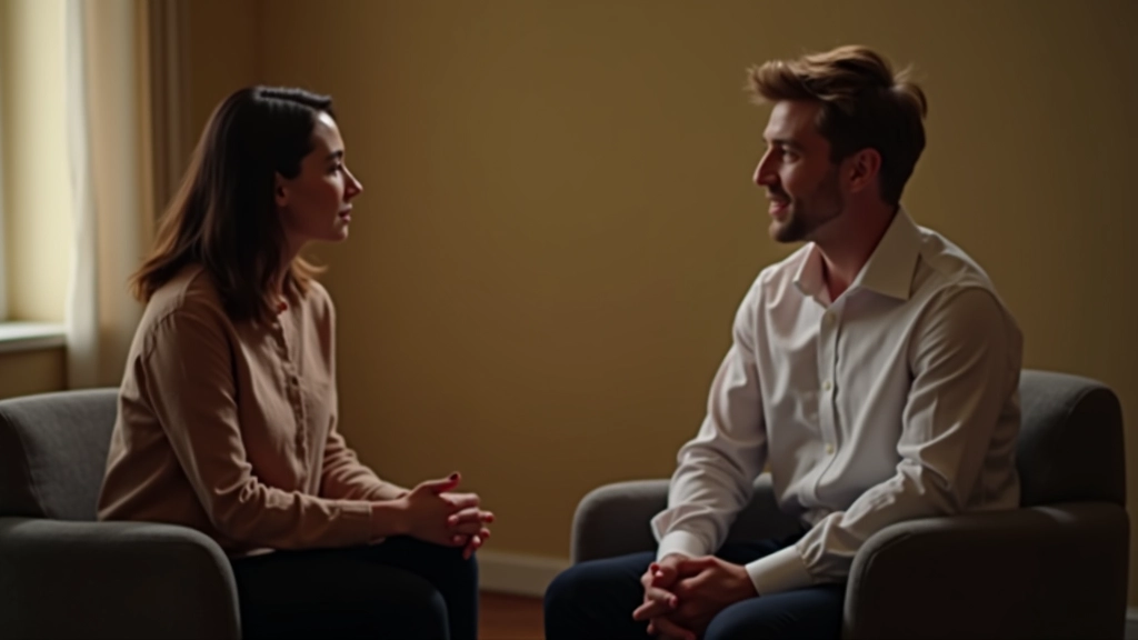 Deux personnes en conversation bienveillante, assises face à face, expressions calmes et attentives, environnement tranquille