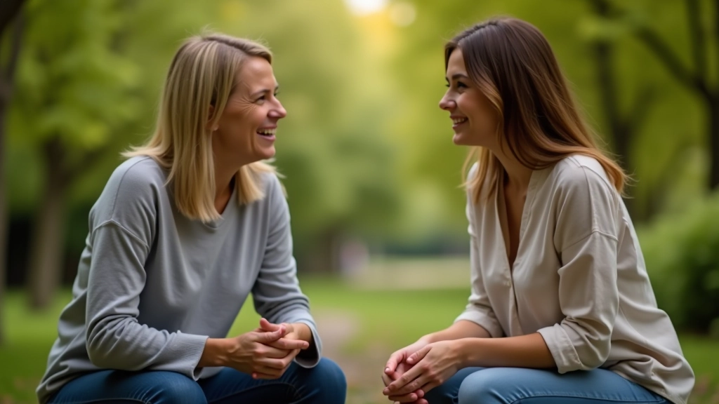 Deux personnes en conversation bienveillante, moment d'échange authentique et de compréhension mutuelle dans un cadre naturel