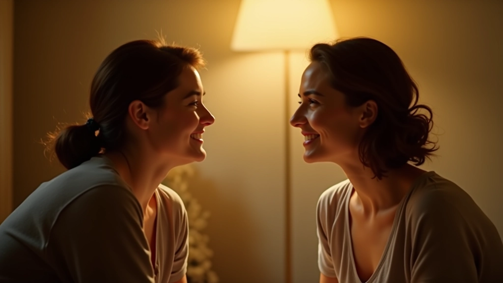 Deux personnes en conversation bienveillante, se regardant avec compassion, espace intérieur calme, lumière douce et naturelle