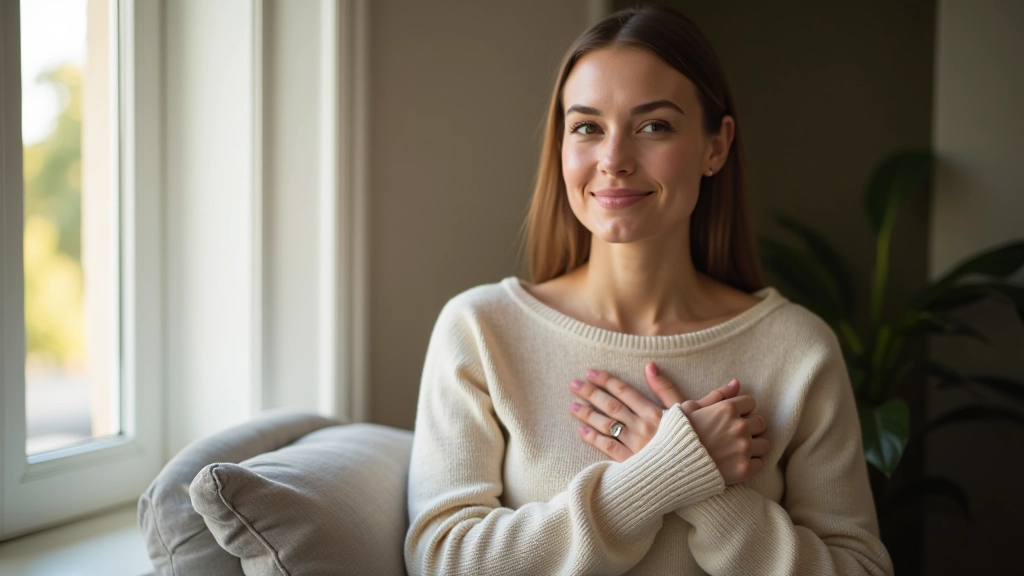 Personne assise près d'une fenêtre, main sur le cœur, expression sereine et concentrée, lumière naturelle douce