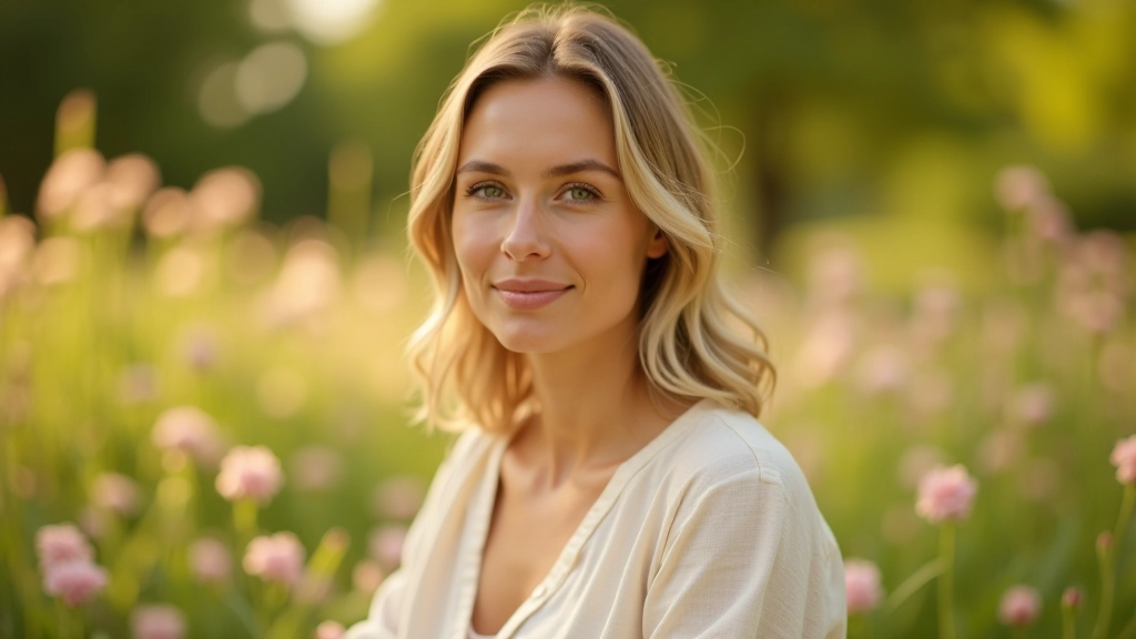 Femme assise dans un jardin tranquille avec des fleurs, lumière douce du matin, expression paisible et sereine